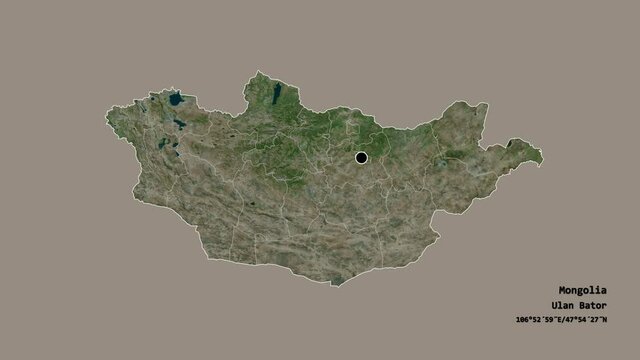 Hovd, province of Mongolia, with its capital, localized, outlined and zoomed with informative overlays on a satellite map in the Stereographic projection. Animation 3D