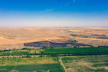 View of fields and hills, Almaty, Kazakhstan