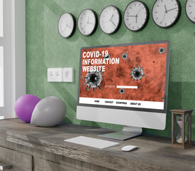 Desktop computer on the table of the office mockup 3d rendering. 3d illustration. Covid-19 information online