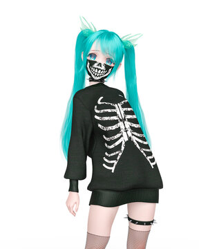 street girl wearing a skeleton outfit doing a cute pose on kwaii anime style on white background