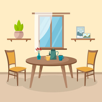 Cosy kitchen interior design with furniture and window with curtain. Dining table and chairs, cups, teapot, elements of home decor. Flat style. Vector illustration	