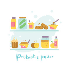 Probiotic foods pantry shelf hand drawn illustration.