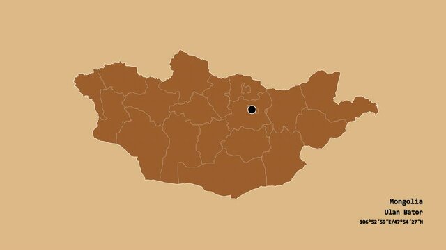 Selenge, province of Mongolia, with its capital, localized, outlined and zoomed with informative overlays on a solid patterned map in the Stereographic projection. Animation 3D