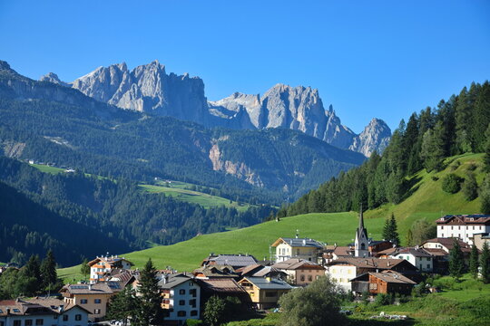 View of Moena town in Dolomites