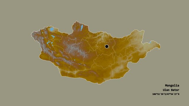 Uvs, province of Mongolia, with its capital, localized, outlined and zoomed with informative overlays on a relief map in the Stereographic projection. Animation 3D