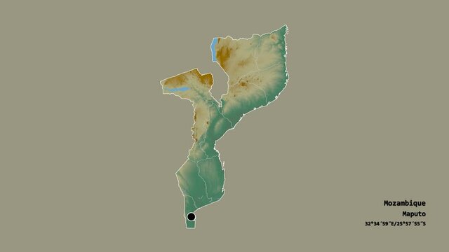 Cabo Delgado, province of Mozambique, with its capital, localized, outlined and zoomed with informative overlays on a relief map in the Stereographic projection. Animation 3D