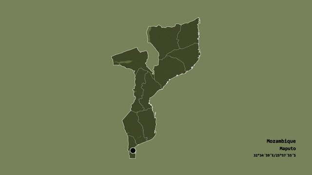 Maputo City, province of Mozambique, with its capital, localized, outlined and zoomed with informative overlays on a administrative map in the Stereographic projection. Animation 3D