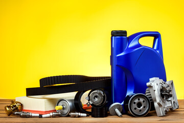 Car parts on the wooden table