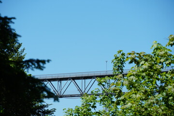 A bridge called Fachwerkbrücke Haghen-Stein in German. It  makes a part of St. Galler Bridge Hiking Trail in Eastern Switzerland. Upward view. 