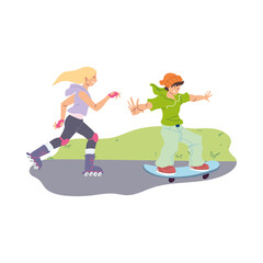 Woman skating and man on skateboard at park vector design