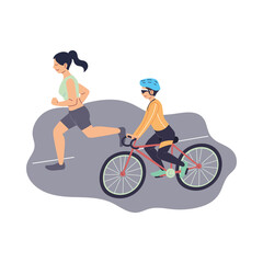 Obraz premium Man riding bike and woman running at street vector design