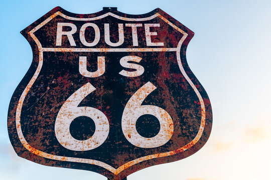 Route US 66 sign in Los Angeles, California. Street sign for famous landmark in America.