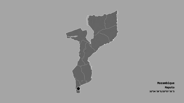 Sofala, province of Mozambique, with its capital, localized, outlined and zoomed with informative overlays on a bilevel map in the Stereographic projection. Animation 3D