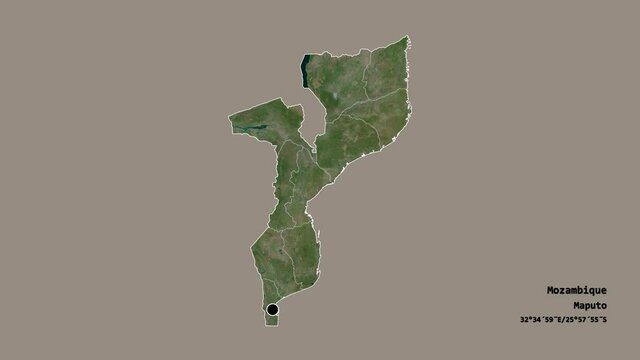 Sofala, province of Mozambique, with its capital, localized, outlined and zoomed with informative overlays on a satellite map in the Stereographic projection. Animation 3D