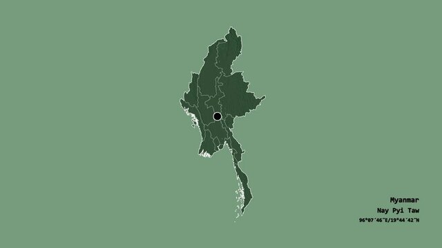 Ayeyarwady, division of Myanmar, with its capital, localized, outlined and zoomed with informative overlays on a administrative map in the Stereographic projection. Animation 3D