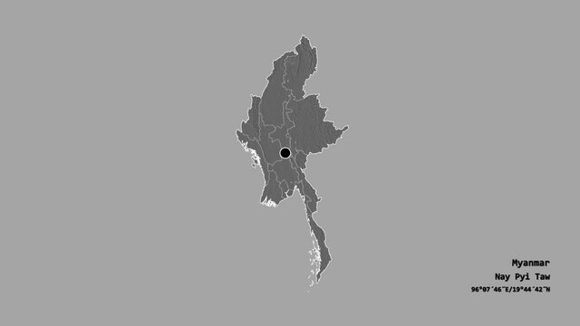 Ayeyarwady, division of Myanmar, with its capital, localized, outlined and zoomed with informative overlays on a bilevel map in the Stereographic projection. Animation 3D
