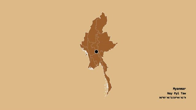 Bago, division of Myanmar, with its capital, localized, outlined and zoomed with informative overlays on a solid patterned map in the Stereographic projection. Animation 3D