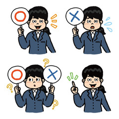 マルバツのプレートを持った若いスーツの女性セット