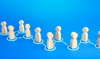 Chain of connected people. Cooperation, collaboration. Communication. Chain reaction, spread of information and rumors exchange. Partnership, unity, assistance. Interaction of persons.