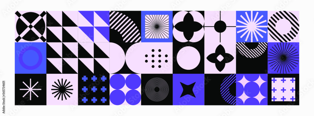 Poster mid-century modern geometric seamless pattern with bold simple shapes in bauhaus and neo-memphis ret