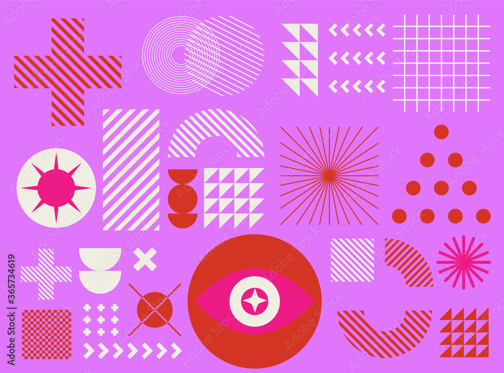 Poster mid-century modern geometric seamless pattern with bold simple shapes in bauhaus and neo-memphis ret