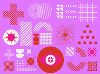 Mid-century modern geometric seamless pattern with bold simple shapes in Bauhaus and Neo-memphis retrofuturistic style. Trendy vivid fashion print.