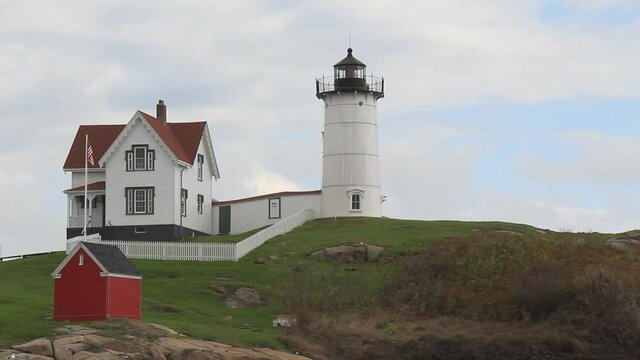 Cape Neddick Lighthouse in York, Maine on an overcast day.
