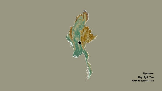 Rakhine, state of Myanmar, with its capital, localized, outlined and zoomed with informative overlays on a relief map in the Stereographic projection. Animation 3D