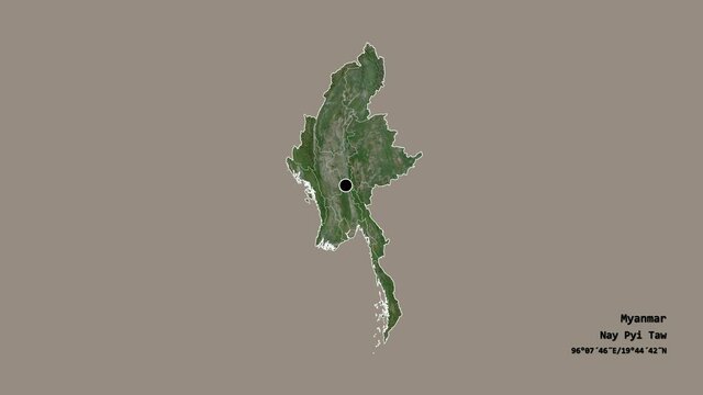 Rakhine, state of Myanmar, with its capital, localized, outlined and zoomed with informative overlays on a satellite map in the Stereographic projection. Animation 3D