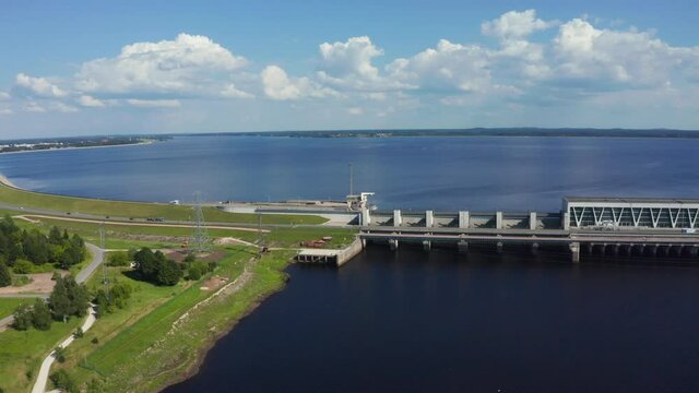 Aerial view of the huge dam in Latvia near city of Salaspils and Riga. A huge reservoir of water and river Daugava.