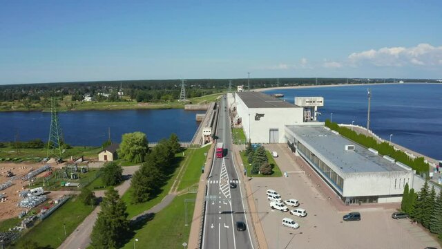 Aerial view of the huge dam in Latvia near city of Salaspils and Riga. A huge reservoir of water and river Daugava.