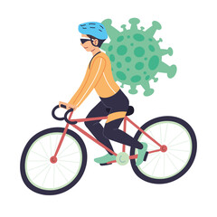 Naklejka premium Man riding bike and covid 19 virus vector design