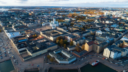 Aerial view of beautiful city Helsinki at Autumn. Old buildings at sunset time. Colorful...