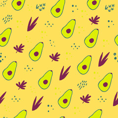 Yellow-green avocado pattern. Seamless food plant background with decorative elements. Bright kitchen, home decor or healthy food design. Flat vector cartoon illustration. Scandinavian style