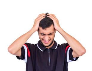 Fototapeta premium Arabic boy having a headache and pressing on his head of pain
