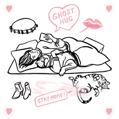 Vector lifestyle hygge comic style doodle illustration set. Black line art hand drawn style design. Greeting card, gift, cozy miss you note. Modern brush design on white background isolated vector