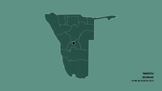 Omusati, region of Namibia, with its capital, localized, outlined and zoomed with informative overlays on a administrative map in the Stereographic projection. Animation 3D
