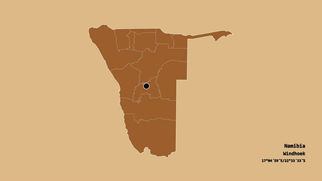 Omusati, region of Namibia, with its capital, localized, outlined and zoomed with informative overlays on a solid patterned map in the Stereographic projection. Animation 3D