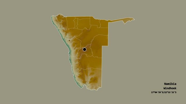 Omusati, region of Namibia, with its capital, localized, outlined and zoomed with informative overlays on a relief map in the Stereographic projection. Animation 3D