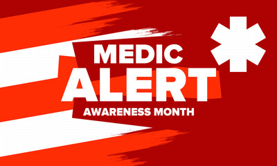 Medic Alert Awareness Month in August. Medical bracelets. First aid, emergency. Medical design. Celebration in United States. Poster, greeting card, banner and background. Vector illustration