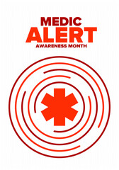 Fototapeta premium Medic Alert Awareness Month in August. Medical bracelets. First aid, emergency. Medical design. Celebration in United States. Poster, greeting card, banner and background. Vector illustration