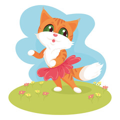 Happy ginger cat in a skirt is dancing on the lawn. Vector illustration for postcard, poster, print