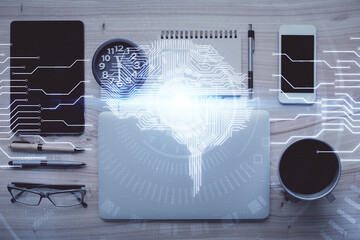 Double exposure of brain drawing over work table desktop. Top view. Global data analysis concept.