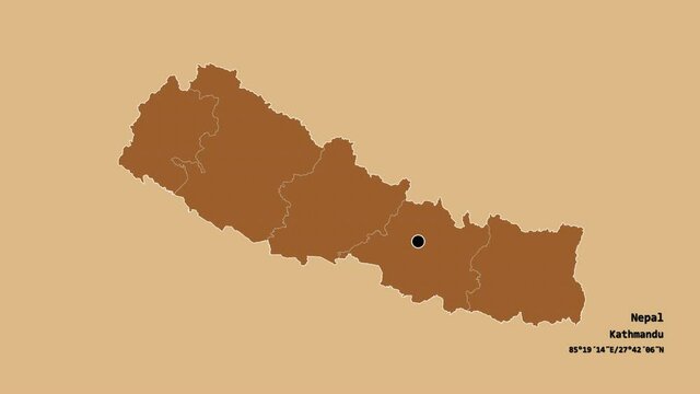 West, development region of Nepal, with its capital, localized, outlined and zoomed with informative overlays on a solid patterned map in the Stereographic projection. Animation 3D