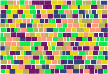 Multicolor brick wall from nested rectangles vector background with six different colors, mosaic pattern with random white borders, useful for backgrounds, wallpapers and wrapping