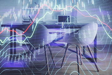 Multi exposure of financial graph drawing and office interior background. Concept of market analysis.