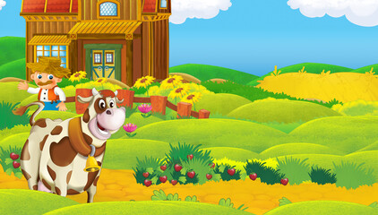cartoon scene with farm ranch animal near wooden barn - illustration