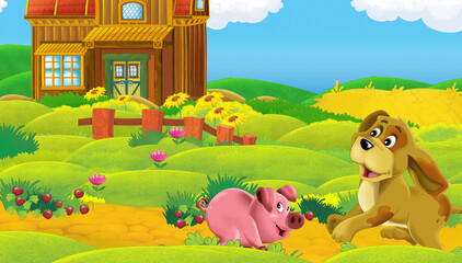 cartoon scene with farm ranch animal near wooden barn - illustration