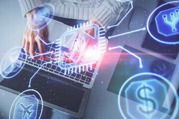 Double exposure of woman hands working on computer and data theme hologram drawing. Top View. Technology concept.