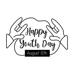 happy youth day lettering with hands rock and roll symbol line style